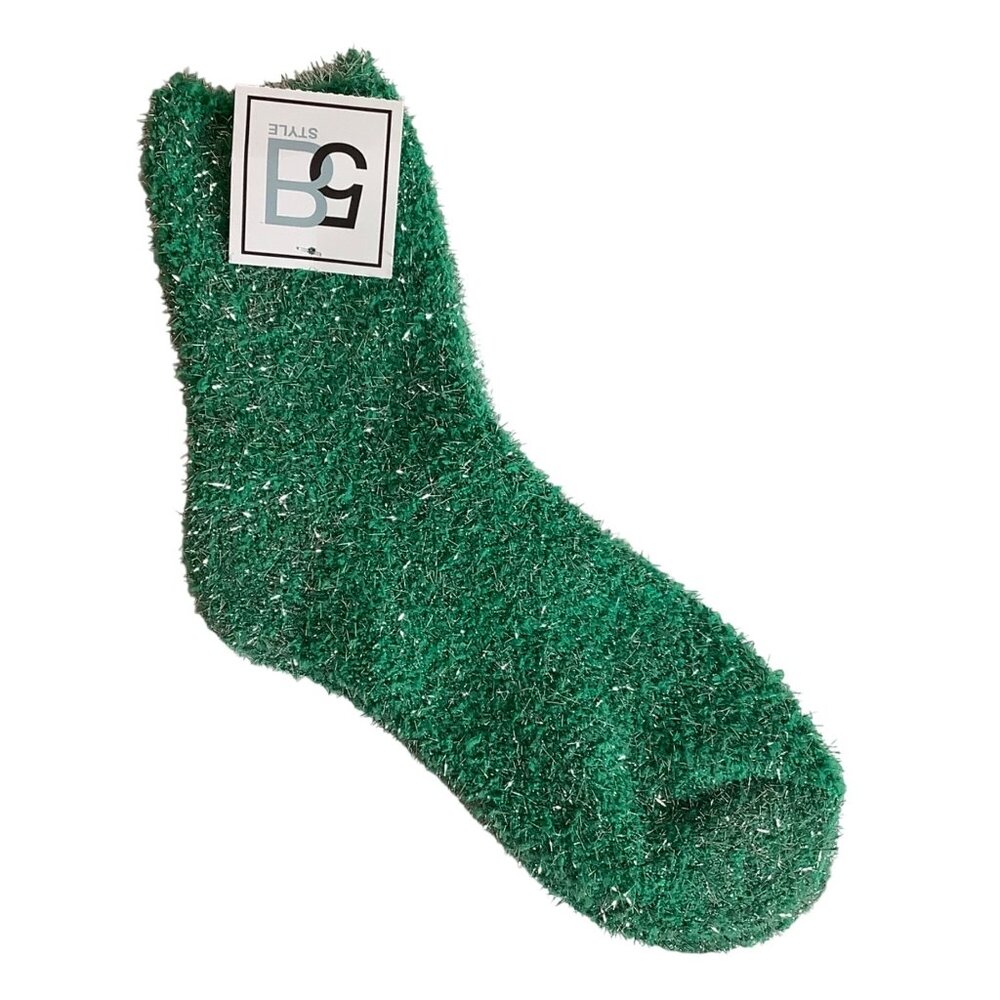 Green‎ Fuzzy Metallic Accent Socks 5B Style One Size Stretchy Christmas